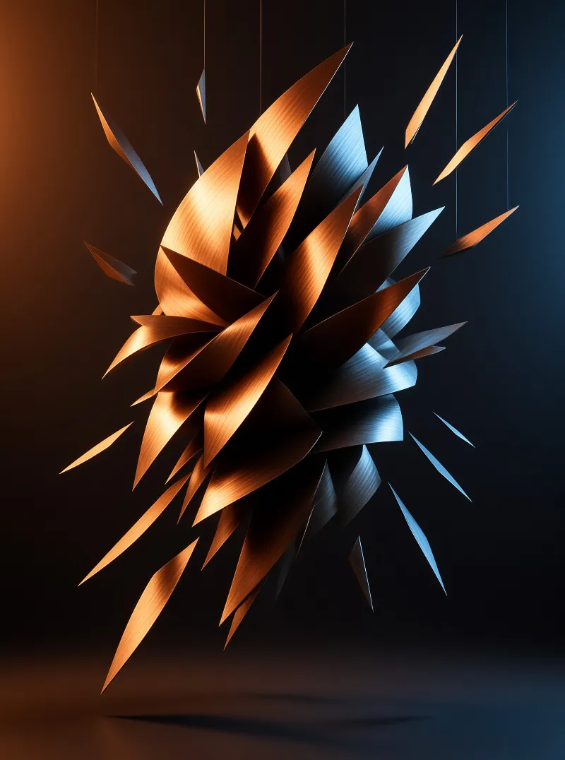 Abstract metal sculpture with copper and silver petals floats in a dark void lit by contrasting warm and cool light.