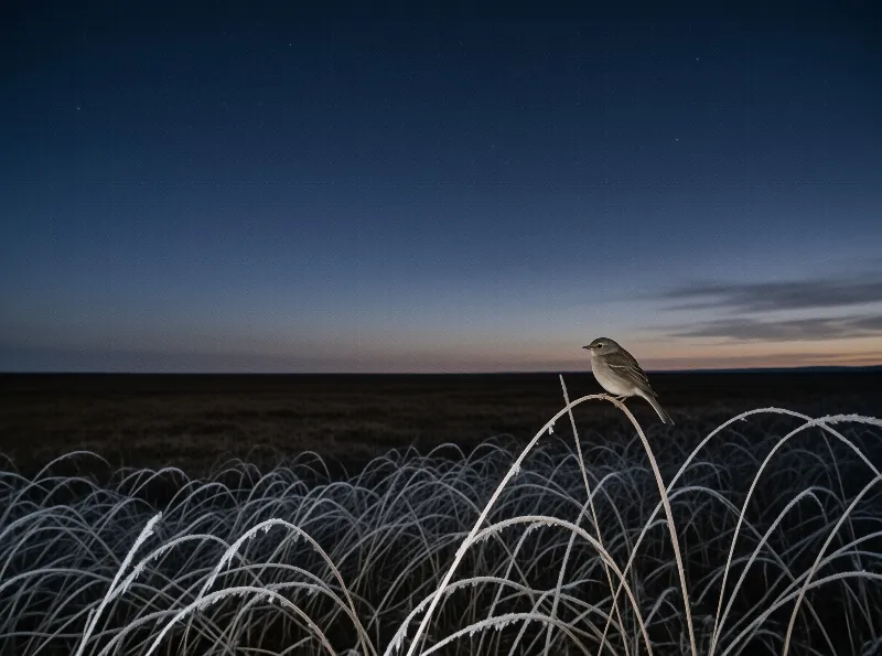 A small bird stands on frosty grass as the twilight sky fades from deep blue to orange near the horizon.