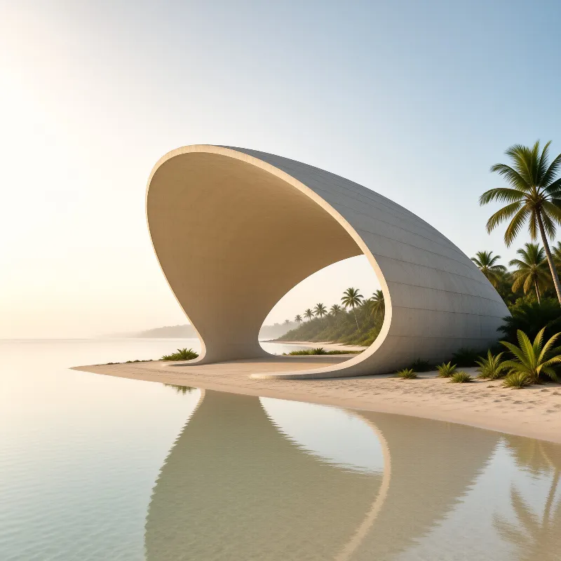 A smooth white arched pavilion stands on pale sand, framing palm trees and calm mirrored water at daybreak