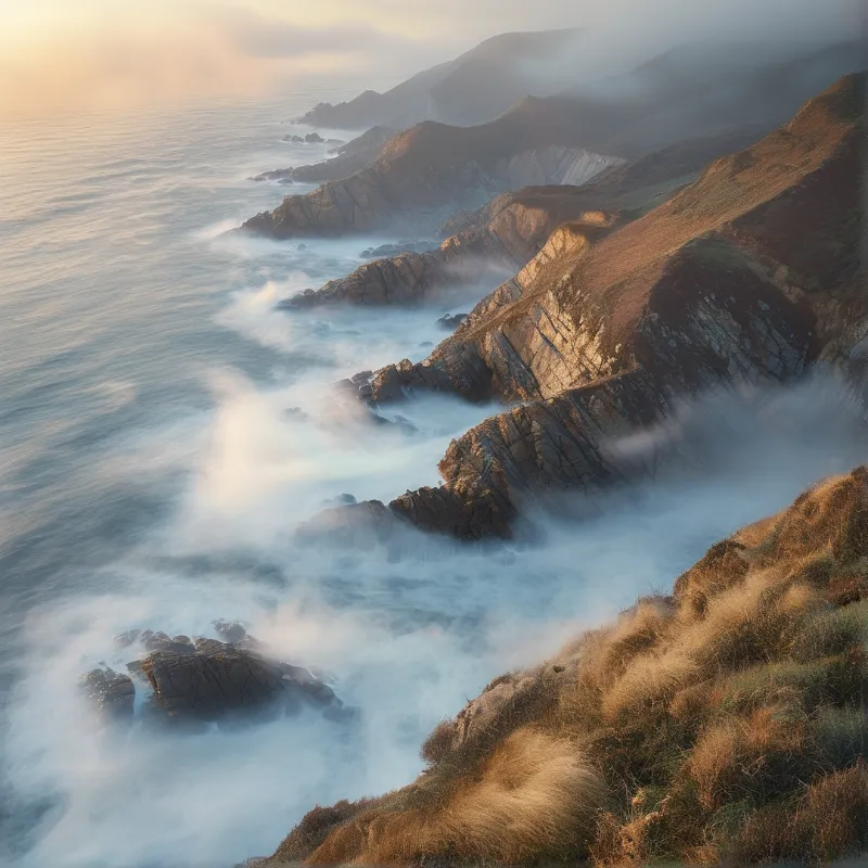 Rocky coastal cliffs meet the ocean while white sea mist drifts along the shore under warm sunrise light.