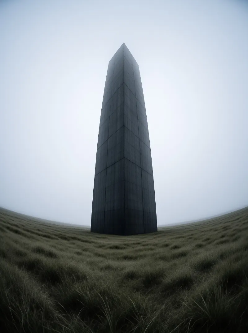 A dark angular obelisk stands tall on a windswept grassy slope beneath an overcast sky.