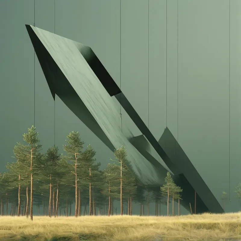 A faceted charcoal form hovers over slender pines and dry grass beneath a flat green sky.