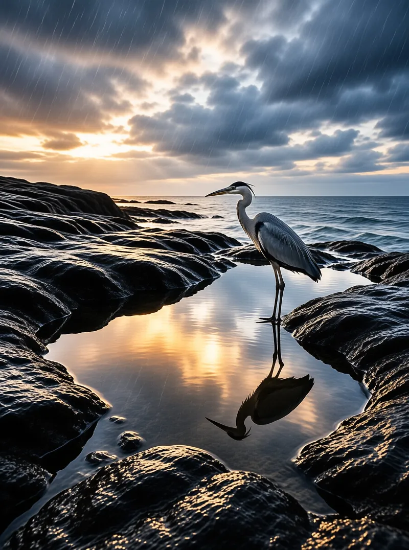 A grey heron stands in a pool of water between wet rocks while rain falls against dramatic clouds and golden sunlight.