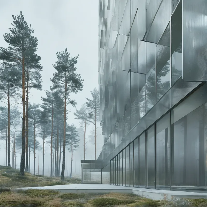 A large modern glass building stands next to a dense forest of tall pine trees shrouded in heavy fog.