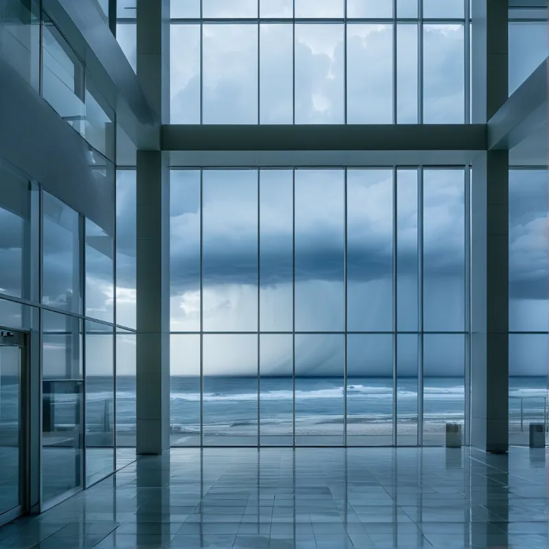A massive glass-walled room overlooks a turbulent ocean where a dark funnel cloud touches the water surface.