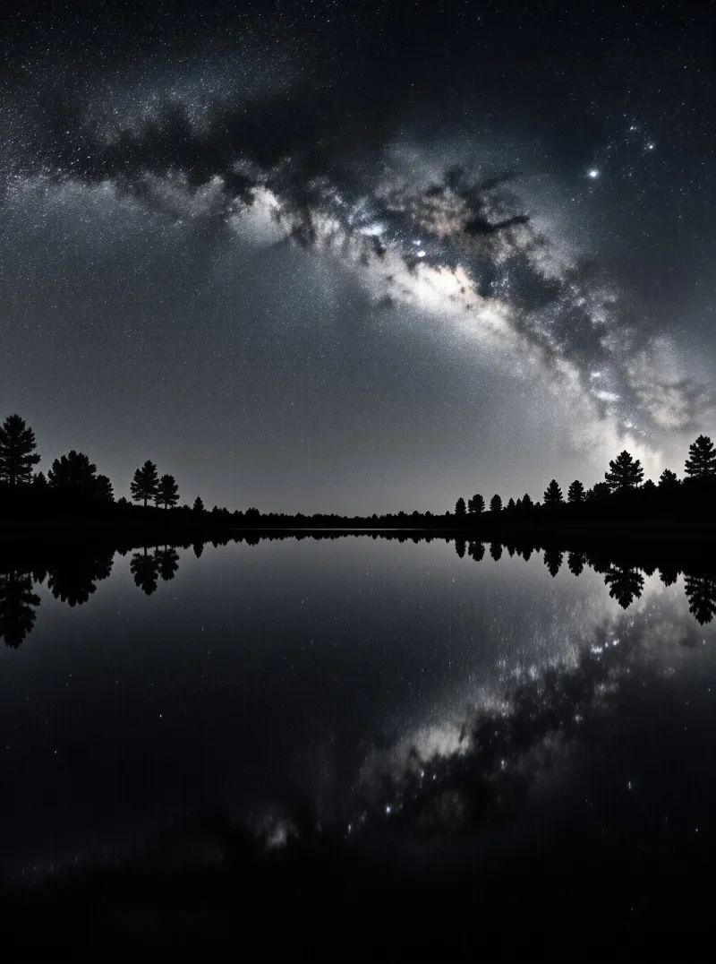 A bright galaxy band stretches across a starry sky above a still body of water mirroring the celestial view and trees.