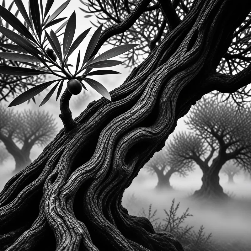 Gnarled olive branch bearing dark fruit stretches across a mist shrouded grove of identical looking trees in monochrome.