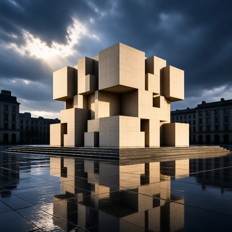 Geometric stone monument rising from wet pavement reflects the dramatic sky as sunlight cuts through clouds.