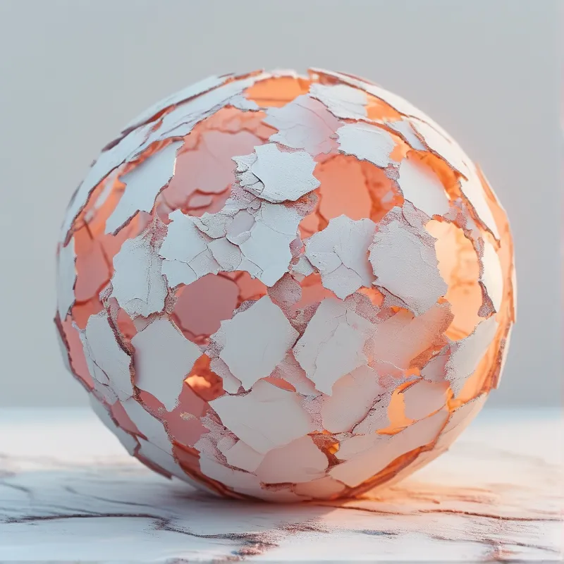 A sphere with flaking white paint exposes a warm copper layer beneath while resting on a bright neutral surface.