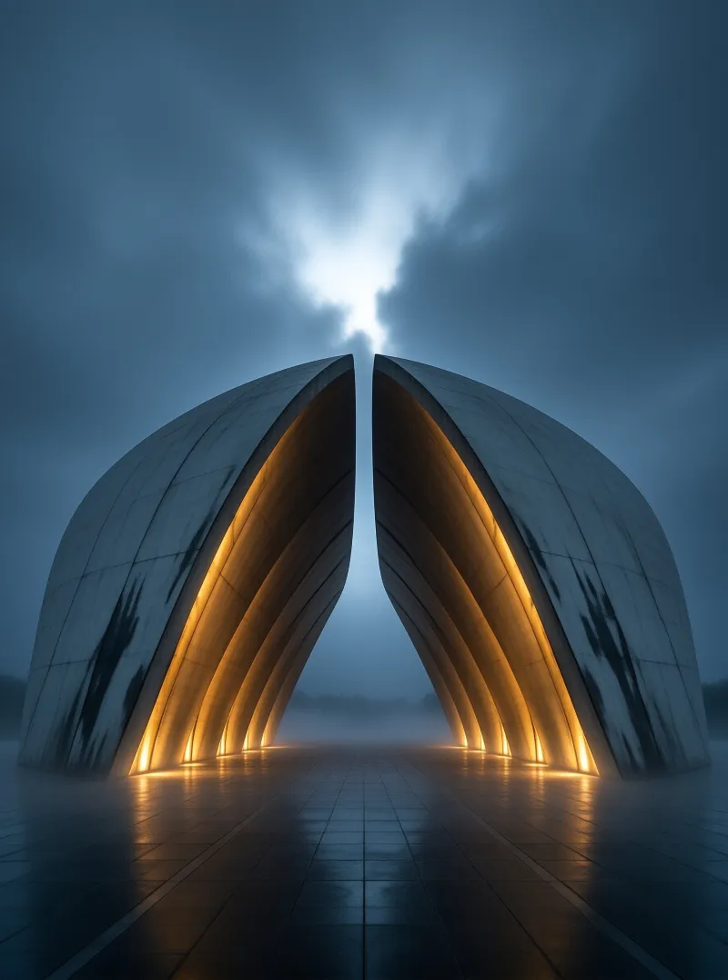 A pair of curving concrete shells open like a gateway, their inner ribs glowing amber against a misty blue dusk.