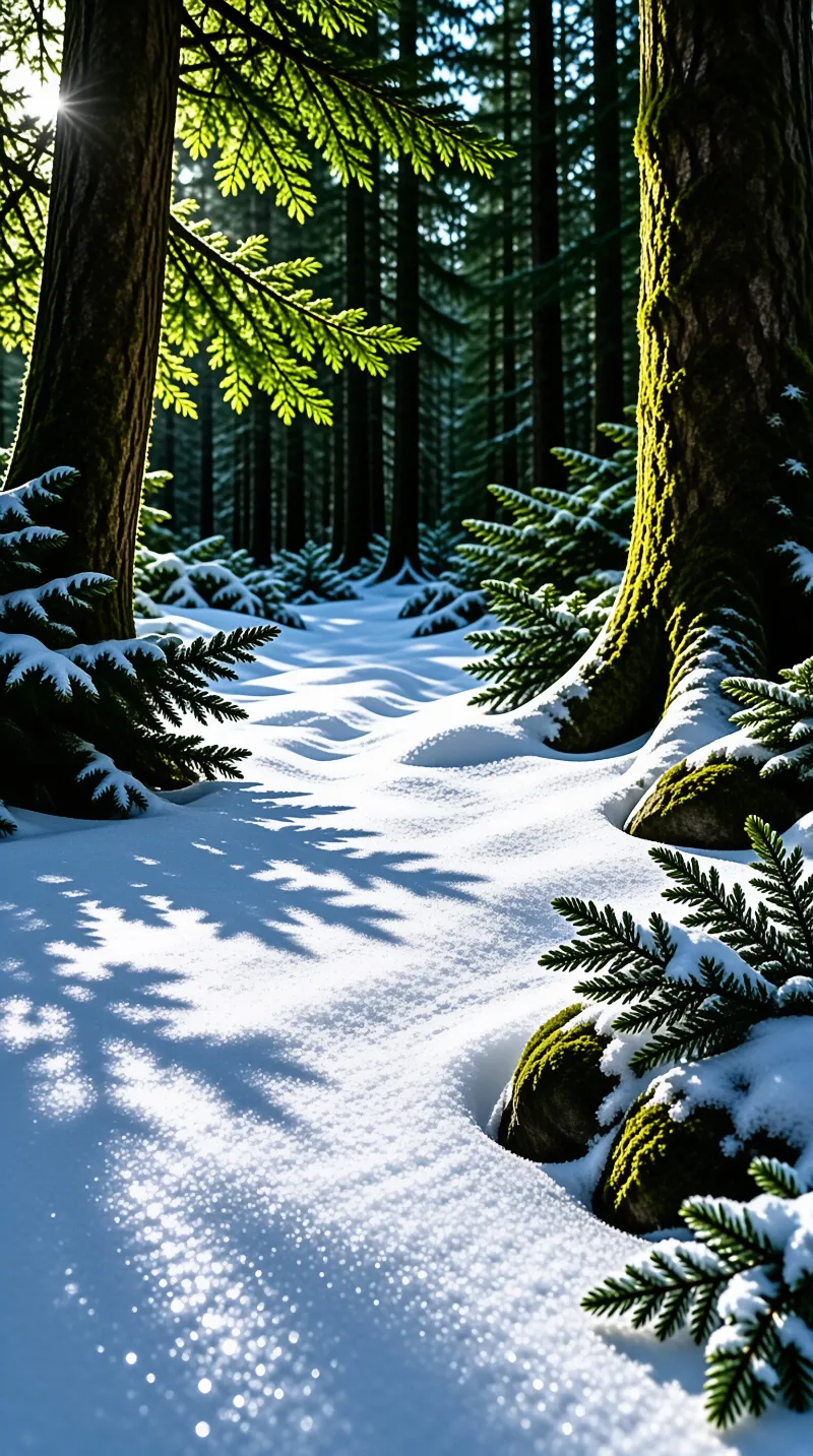 A snow-covered trail winds between tall mossy conifers as low winter sunlight filters through the green boughs.