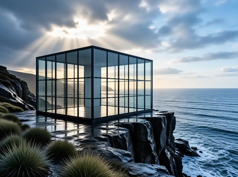 A transparent glass structure rests on dark wet rocks overlooking a calm sea under a dramatic cloudy sky.