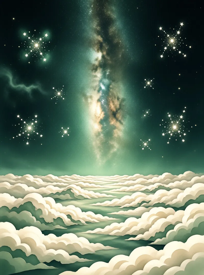 A luminous band of stars climbs through a teal night sky above rolling cream coloured clouds