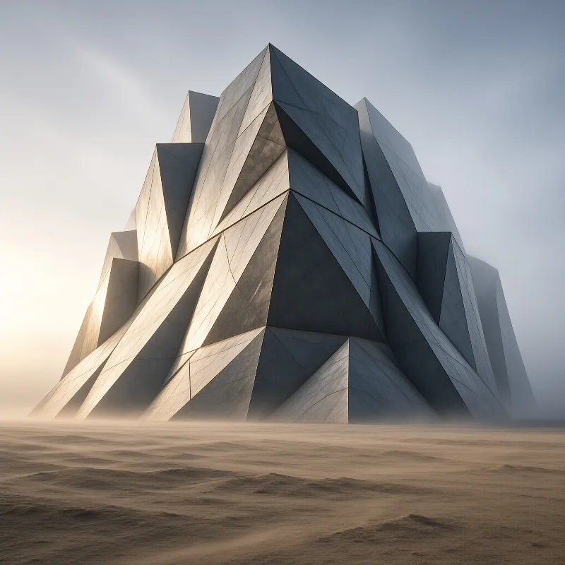 A sharply angled faceted concrete edifice rises from a foggy sandy desert under low warm dawn light that hits its left faces.