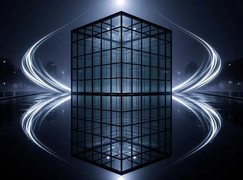 A transparent glass cube stands on a reflective surface surrounded by curved white light beams in a dark city.