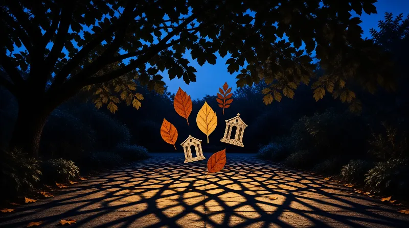 Cut-out autumn leaves and tiny temple shapes drift above a shadowed walkway crossed by diamond light.
