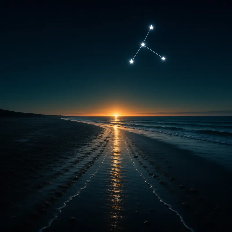 Sunset light reflects across the wet sand of a dark beach while connected bright stars appear in the blue sky.