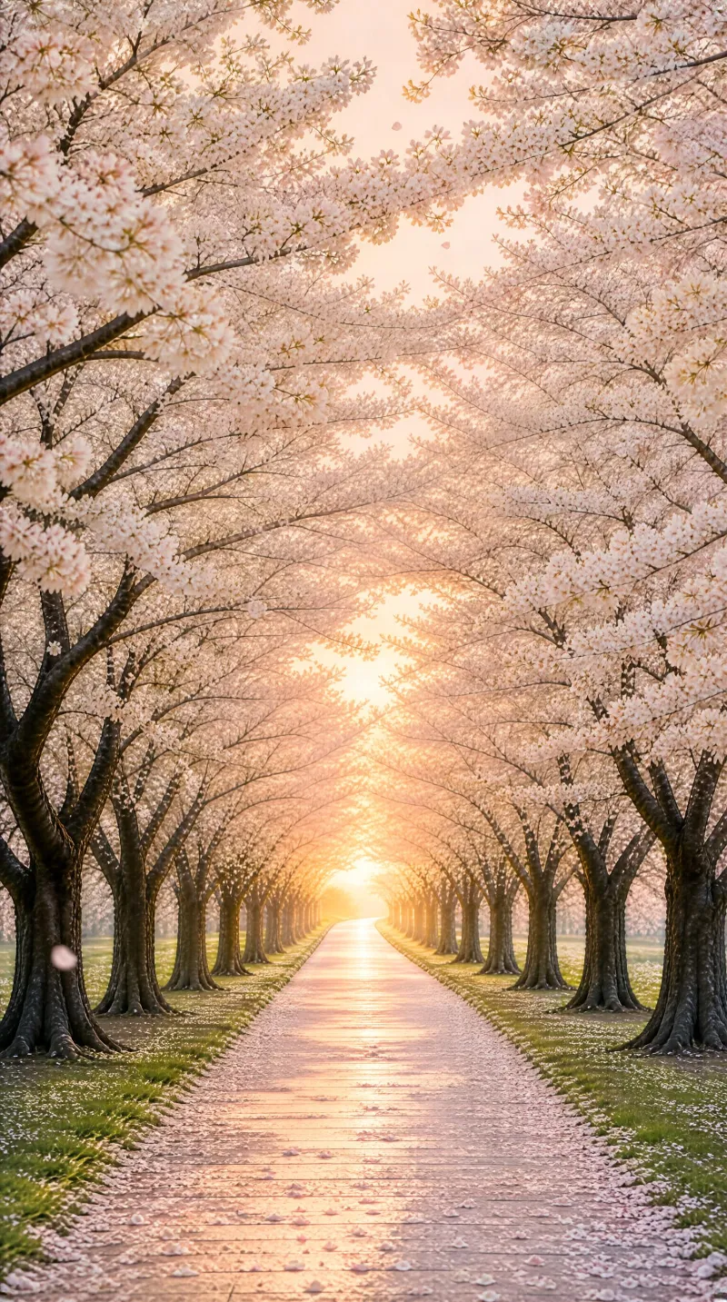 Cherry Blossom Path at Sunset