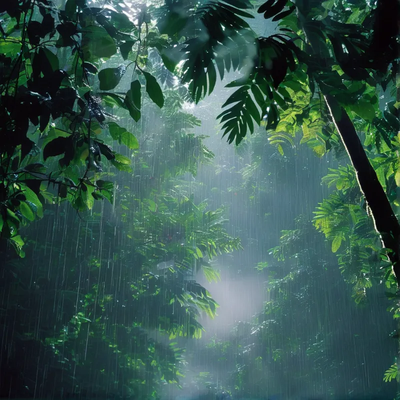 Heavy rain falls through a lush green jungle while bright sunlight streams down through the misty canopy illuminating the leaves.
