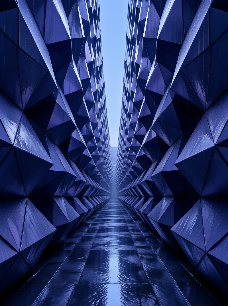 A long symmetrical hallway lined with blue triangular panels reflecting light on a wet floor.