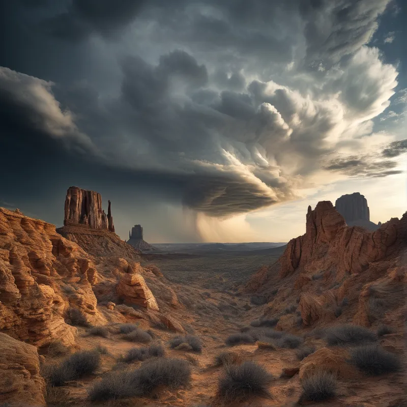 Red sandstone buttes stand on either side of a dry wash while a dark supercell dumps rain over the far basin.