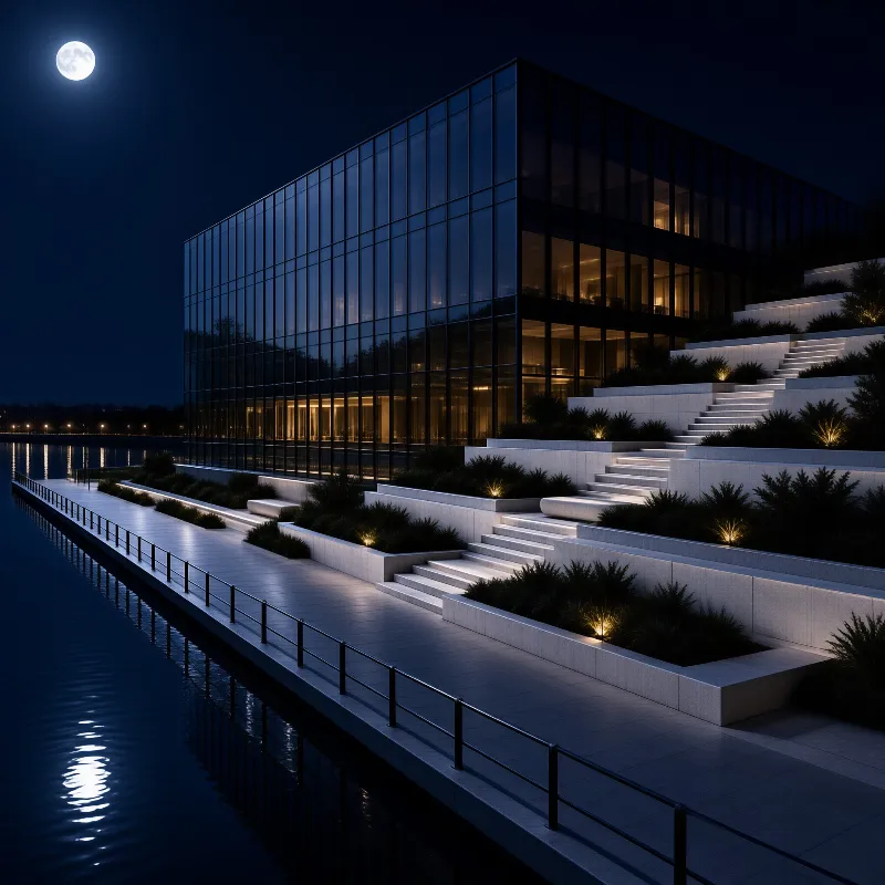 A modern glass building sits beside a calm waterfront, with illuminated terraced steps under a bright full moon.