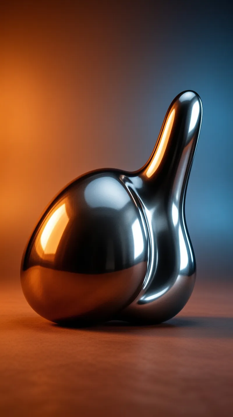 A polished metal blob with a rising spout reflects amber and blue light against a soft two tone backdrop.