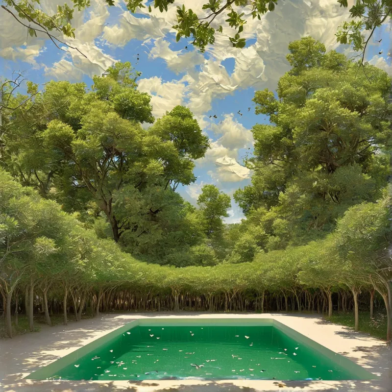 A vivid green rectangular pool sits in a sandy clearing surrounded by dense trees beneath a blue sky with scattered clouds.