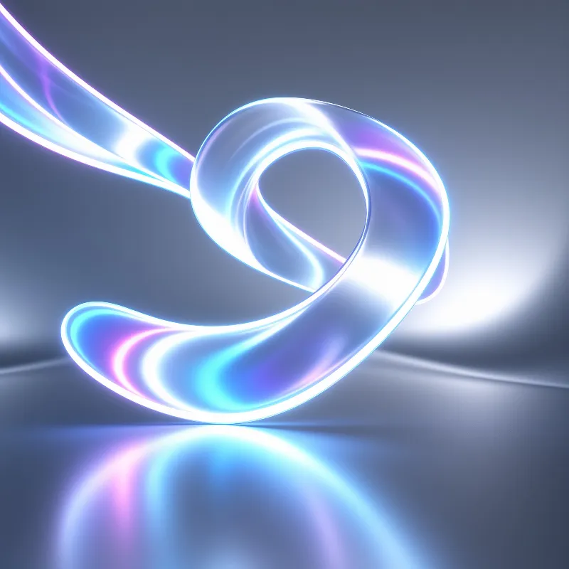 A translucent blue ribbon loop floats above a reflective surface with bright white light glowing behind it.