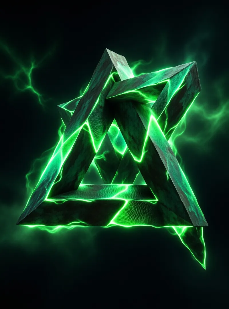 Weathered stone beams interlock in an impossible triangle, split by glowing green plasma seams against dark mist.