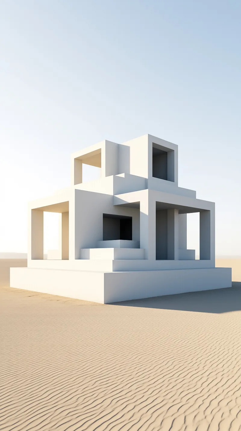 White geometric building with hollow openings sits on rippled desert sand under pale blue sky.