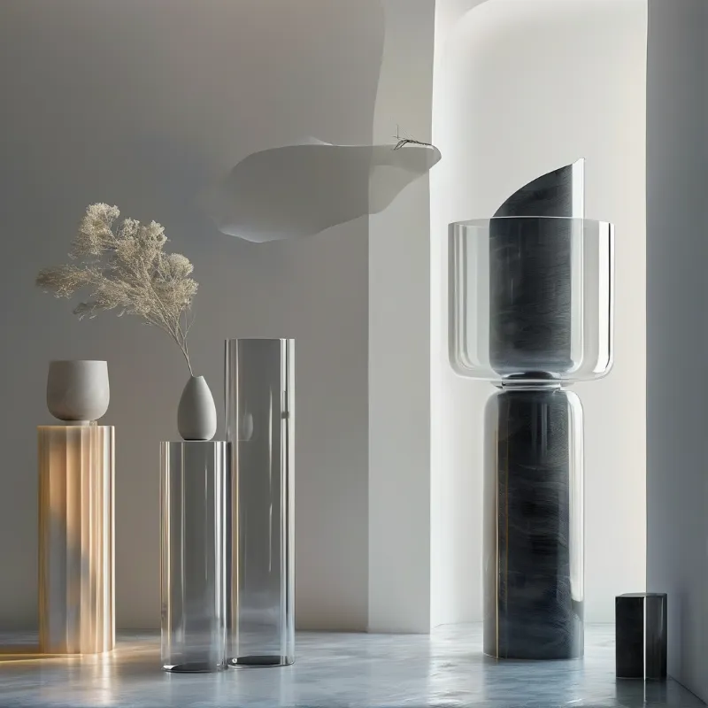 Translucent cylinders and pale ceramic pots arrange dried stems against a softly lit neutral interior.