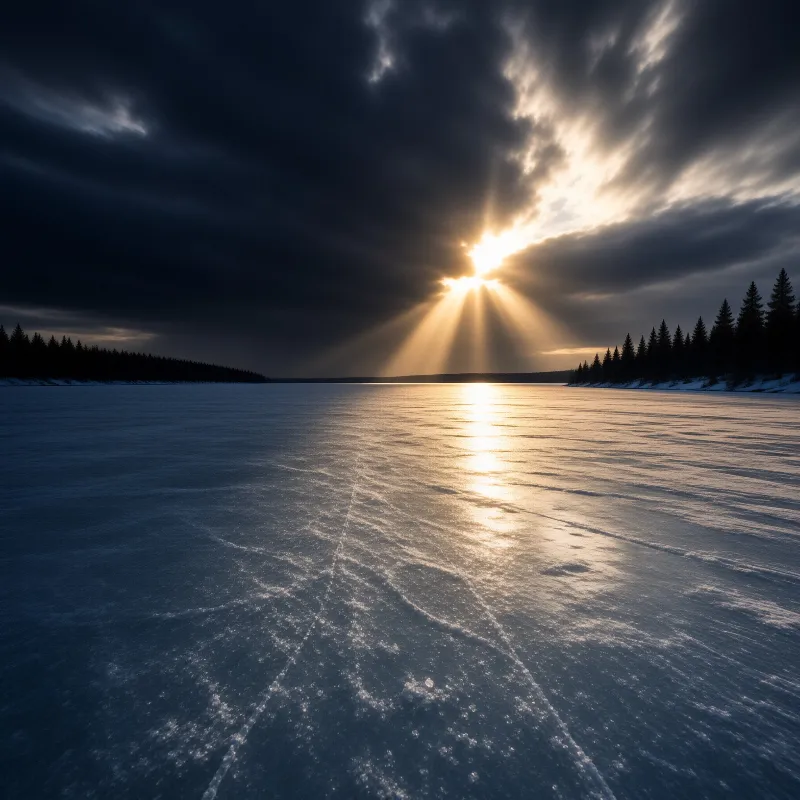 Golden sunlight streams through dark clouds onto a frozen lake surface bordered by silhouetted coniferous trees.