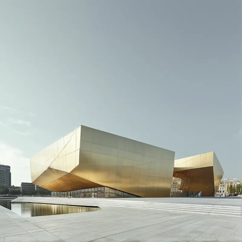 Faceted golden contemporary building rests on a light paved public plaza under clear pale daytime sky, its glow reflected in a foreground shallow water channel.