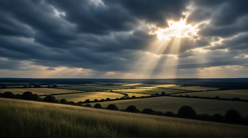 Rolling agricultural fields stretch into the distance as bright sunbeams pierce through dark storm clouds.