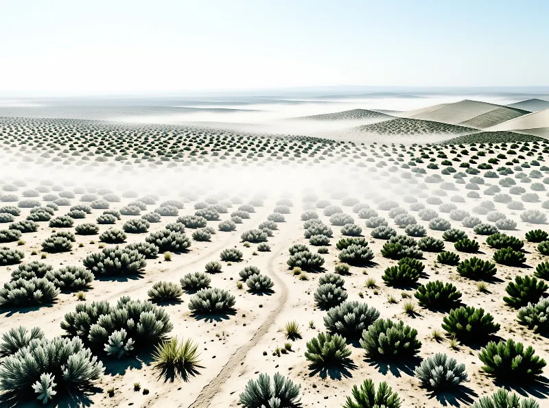 Rows of small green bushes speckle pale sand as low fog drifts between dunes under a washed out sky.