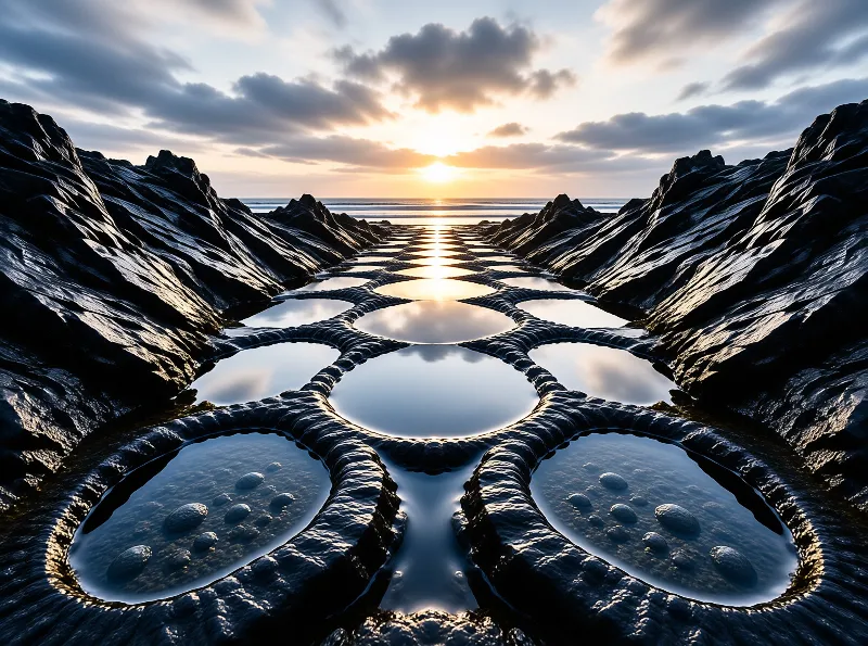 Round rock-rimmed pools reflect the warm sunset sky along a rugged shoreline between dark jagged cliffs.