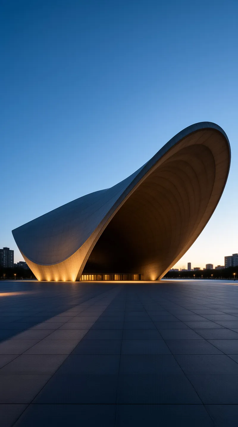A sweeping white concrete canopy glows from warm interior lights above an empty paved plaza.