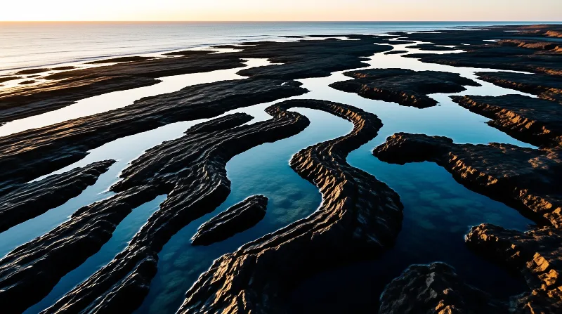Winding water channels curve through dark mudflats at sunset, catching golden light along the wet ridges.
