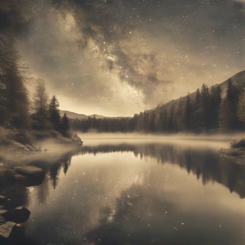 A calm lake surrounded by pine trees reflects a starry sky while mist rises from the water in a sepia tone.