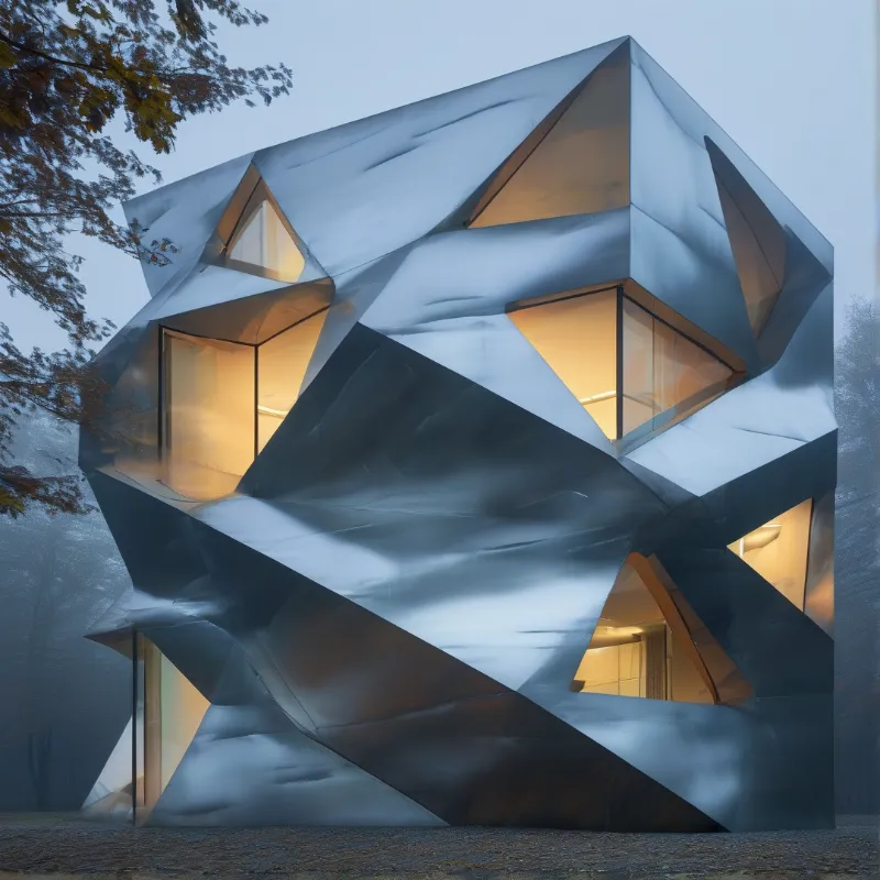 A deconstructivist structure with folded silver panels glows with warm triangular windows in misty woods.