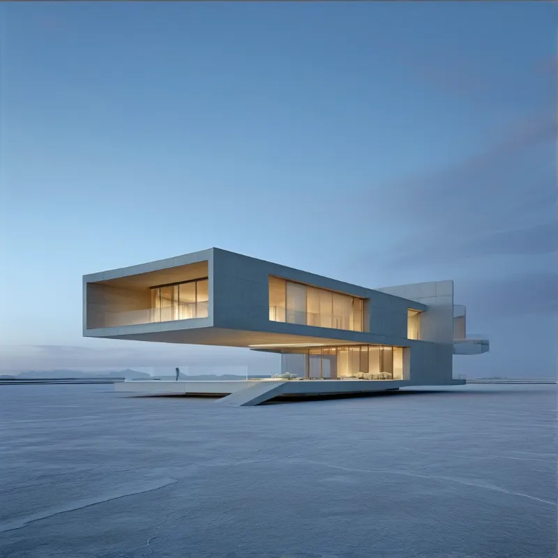 A sleek modern concrete building with glowing windows sits on a vast grey expanse under a fading blue sky.