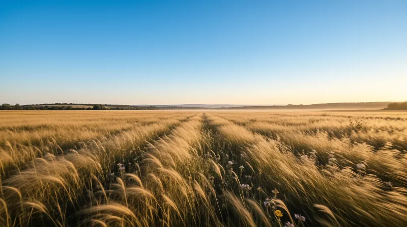 Tall crops ripple across the landscape under a gradient sky transitioning from blue to white near the horizon.