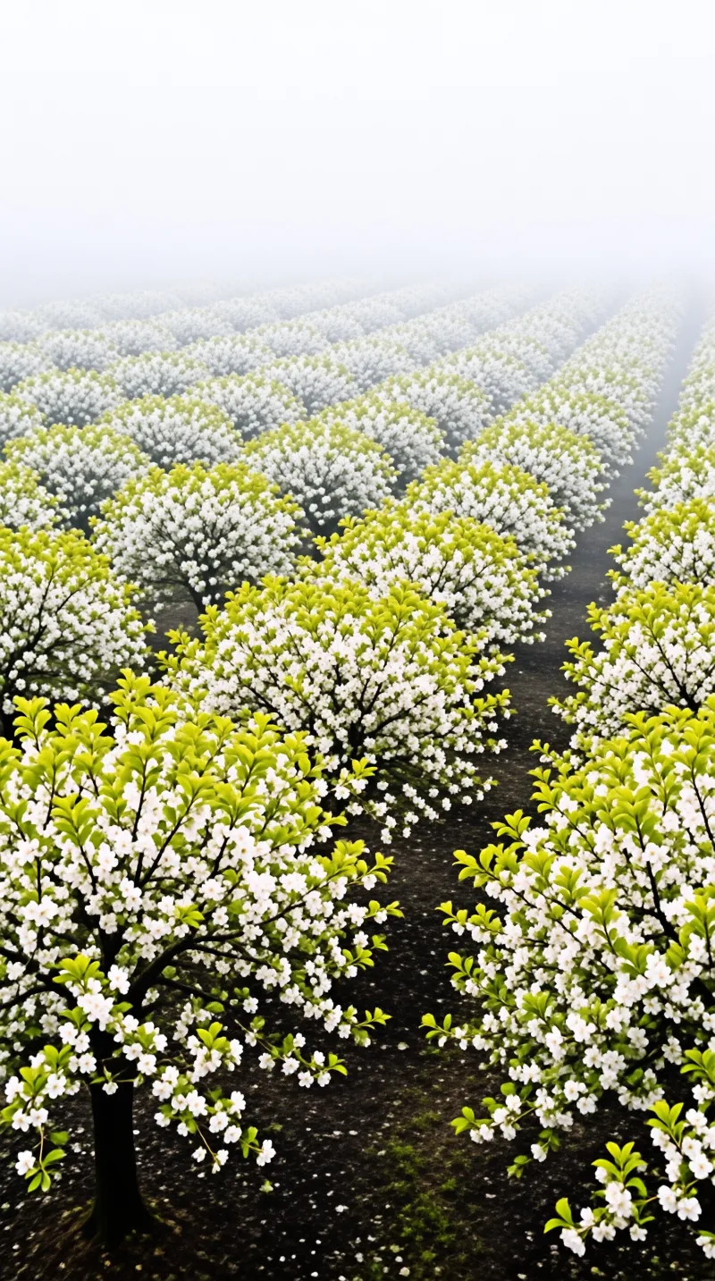 Rows of flowering trees with white petals and fresh green leaves stretch across a dark field into a pale misty horizon.