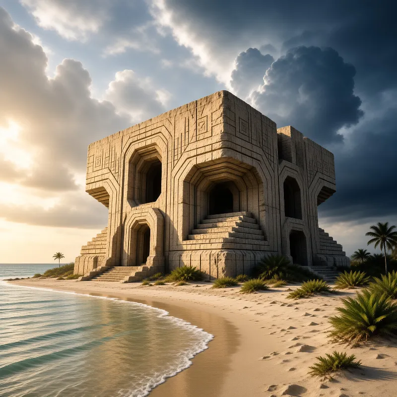 A carved megalithic shrine with stepped doorways stands above surf as storm clouds roll in over palm-fringed sand