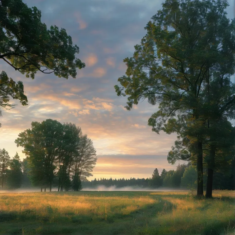 Grassy meadow stretches toward distant woods while morning fog drifts across the ground beneath a cloudy sky