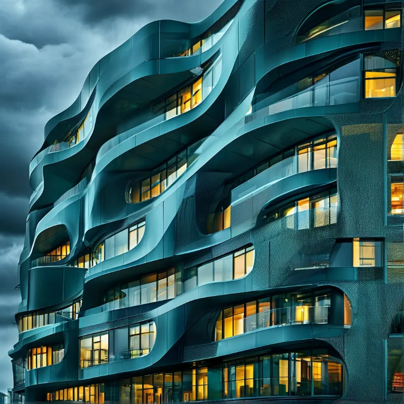 Curvilinear high-rise with glowing windows under stormy clouds teal facade forming fluid shapes