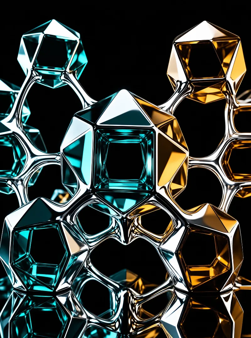 Translucent cyan and gold gems connect through polished chrome tubes in a molecular lattice against black.