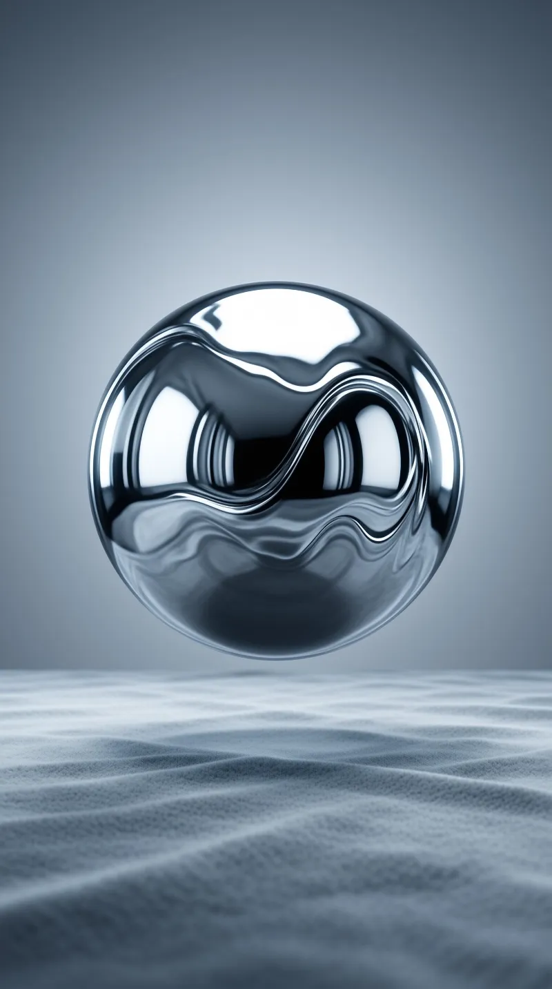 A shiny liquid metal ball floats above rippled grey sand terrain with smooth reflections.
