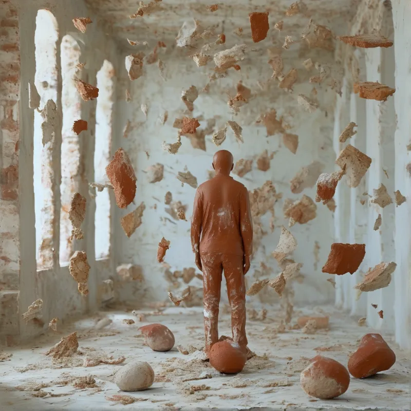 A terracotta figure stands in a sunlit colonnade as crumbling bricks hover midair casting shadows on the dusty floor